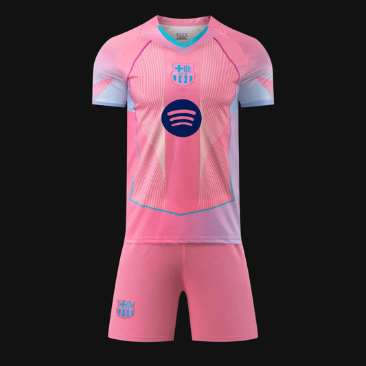 special edition pink FC Barcelona football jersey and shorts set