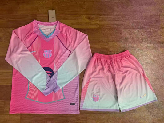special edition pink FC Barcelona football jersey and shorts set