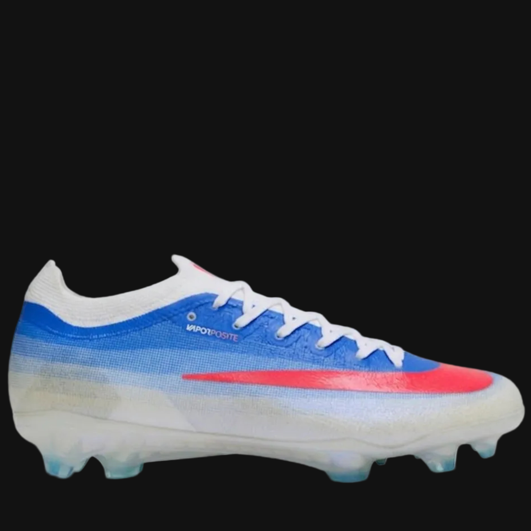 Nike Air Zoom Mercurial Vapor Elite football boots in a white, blue, and bright pink colorway